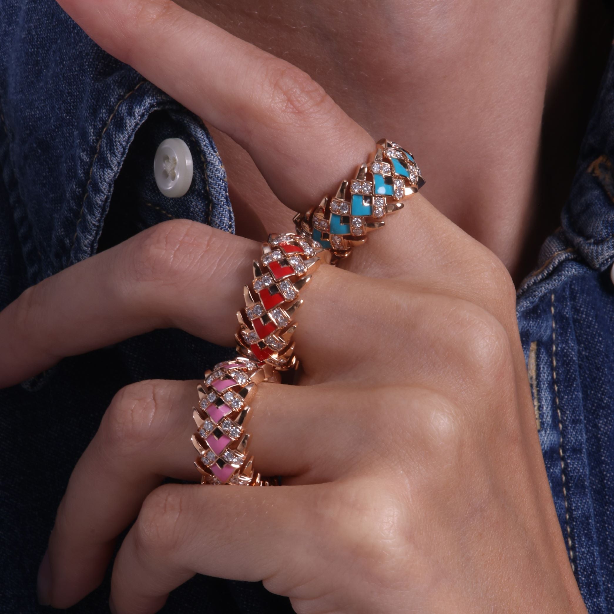 Palm Leaves Ceramic & Diamond  Ring - Rose Gold